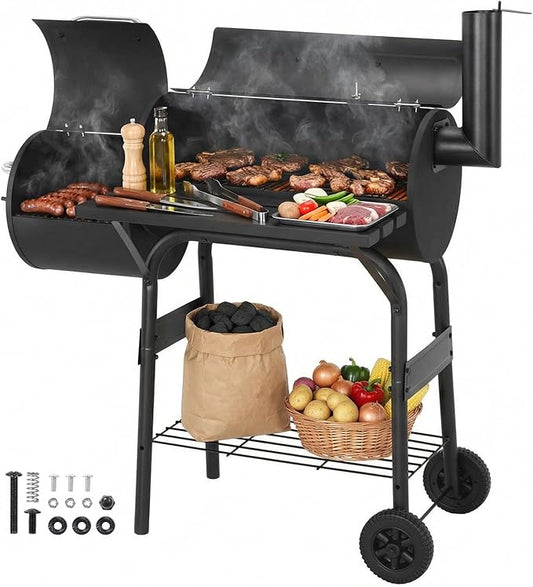 Offset Smoker Charcoal Grill 192 Sq. In. Cooking Space Spacious Barrel Charcoal BBQ Grill for Patio Picnics Camping Backyard Cooking