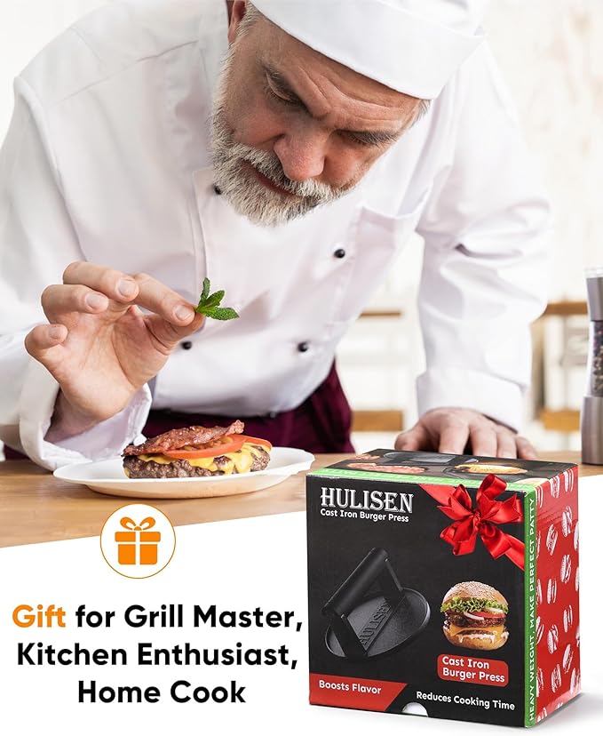 HULISEN Pre-Seasoned Cast Iron Burger Press, Heavy Duty 6” Burger Smasher for Griddle with Heat Resistant Handle, Grill Press for Hamburger, Bacon, Meat, Steak, Patty, Barbecue Grilling Tool, 2.3lb
