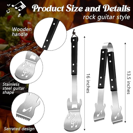 Jingmore 2 Pcs Guitar Gifts for Dad Men Father's Day Grill BBQ Guitar Gift Spatula Tong Fork Heavy Duty Stainless Steel Barbecue Utensils Grilling Accessories Set for Music Lover Enthusiast Birthday
