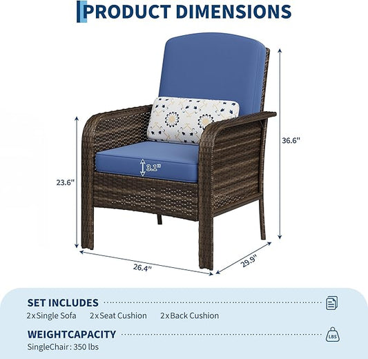 GarveeHome Outdoor Wicker Chairs Set of 2, All-Weather High Back Rattan Patio Furniture, 2-Piece Conversation Set with Comfy Cushions for Porch, Deck, Brown, Blue Cushion