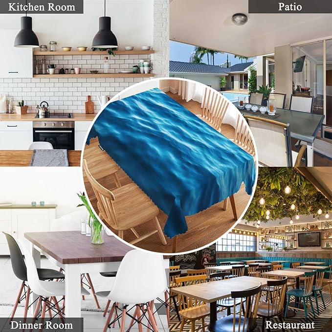 Swono Ocean Waves Table Covers 52x70 Inch Tropical Blue Ocean Waves Seawater Flow Wipeable Tablecloth Kitchen Dinning Tabletop Decoration, Table Cloth for Outdoor and Indoor Use