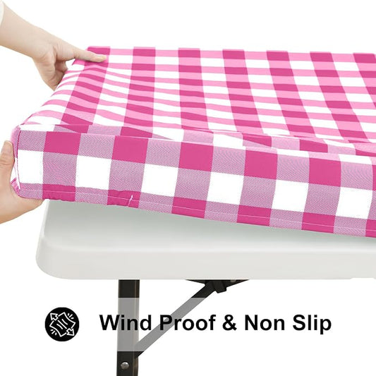 Smiry Rectangle Picnic Table Cloth, Elastic Waterproof Fitted Vinyl Tablecloths, Flannel Backed Buffalo Plaid Table Covers for Dining, Camping, Outdoor (Hot Pink and White, 30" x 72")