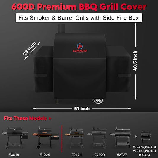 Comnova Grill Cover for Char Griller Smoker - 600D Waterproof Smoker Grill Cover Fits Models 1224, 3018, and Barrel Charcoal Grills Models 2121, 2828, 2727, 2929, 1329, 2799 with Side Fire Box
