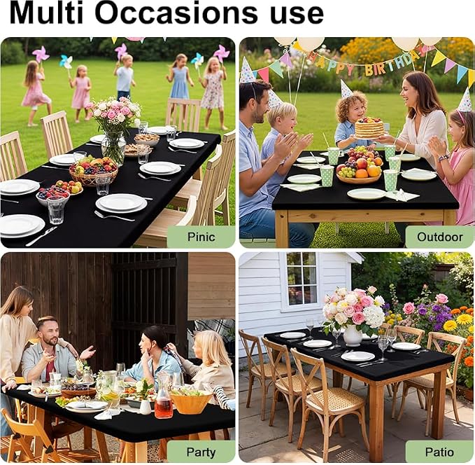 Smiry 7 Pack Rectangle Picnic Table Cloth, Waterproof Elastic Fitted Tablecloths for 6 Foot Tables, Washable Polyester Table Cover for Camping, Indoor and Outdoor (Black, 30"x72")