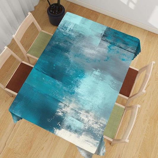 Teal Grey Decorative Rectangle Table Cloth Abstract Art Painting Turquoise Rectangle Tablecloth Picnic Table Cover BBQ Table Cloths Polyester for Kitchen Coffee 52" x 70" 4-6 Seats