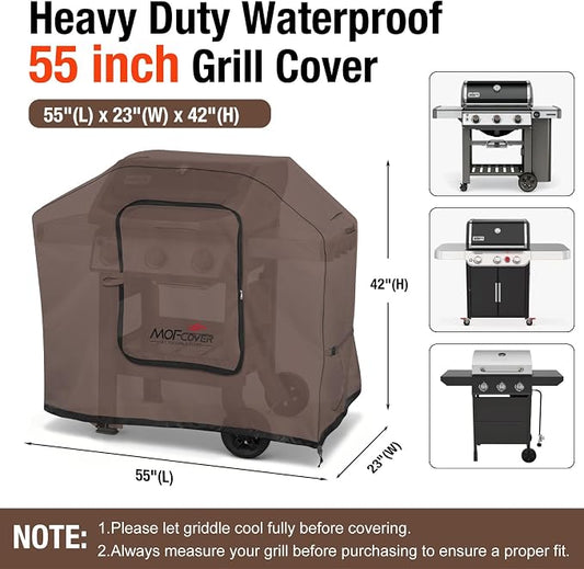 Exclusive Foldable 55 inch Grill Cover, 600D Heavy Duty Outdoor BBQ Cover for 3-4 Burners Grill, Waterproof Fade Resistant Barbecue Cover, Coffee