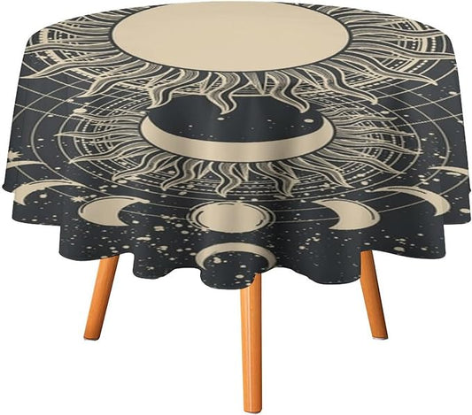 Vintage Tarot Round Tablecloth Boho Mystical Astrologer Zodiac Full Moon Phases Star Galaxy Space Table Cloth Water Resistant Wipeable Table Cover for Picnic Party Holiday Kitchen Dinner Table 36"