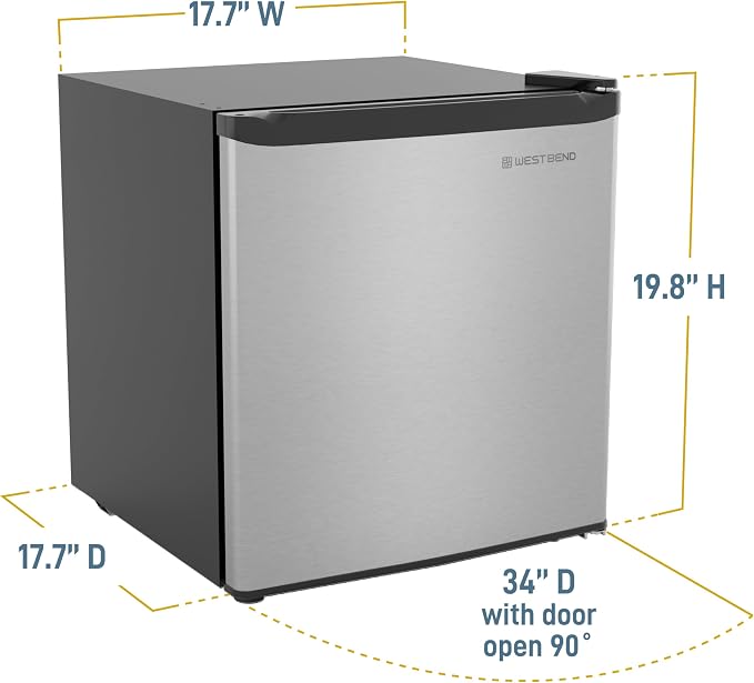 West Bend Mini Fridge Compact Refrigerator for Home Office or Dorm, Auto Defrost with Reversible Door, Energy Star Rated, 1.6-Cu.Ft., Stainless Steel