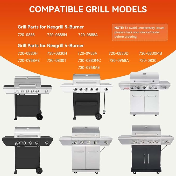 Grill Replacement Parts for Nexgrill 4-Burner 720-0830H 720-0830D 720-0783C 720-0783E 720-0958A,5-Burner 720-0888N, 17" Stainless Steel Grill Grate + Heat Plate + Burner Kit for Nexgrill