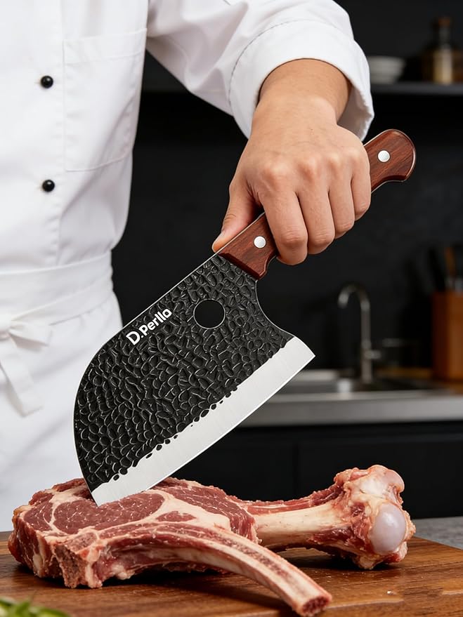 D.Perlla Butcher Knife set 3PCS Chef Knife Set for Meat Cutting, Serbian Chef Knives Set and Viking Knife with Wooden Handle, Cleaver knive Set for Outdoor BBQ and Camping with Gift Box