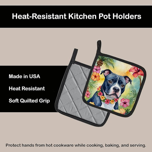 Caroline's Treasures Staffordshire Bull Terrier Luau Pair of Pot Holders Kitchen Heat Resistant Pot Holders Sets Oven Hot Pads for Cooking Baking BBQ, 7 1/2 x 7 1/2