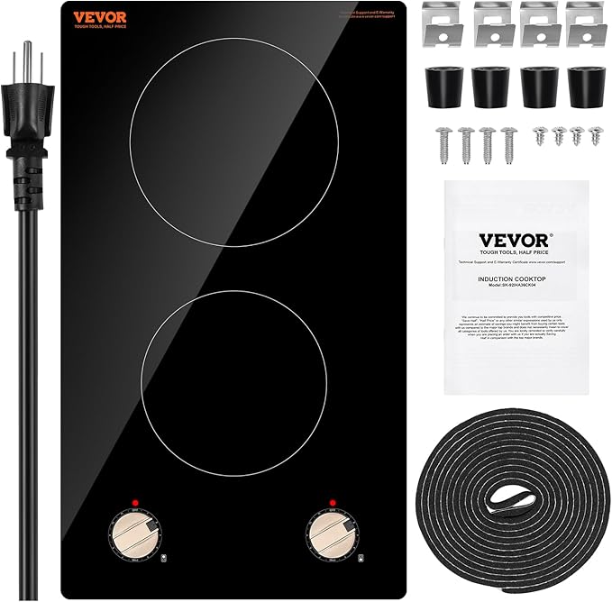 VEVOR Induction Cooktop, 1800W Electric Countertop Burner, 2 Burner Knob Control Stove, Built-in Induction Cooktop with 12 Temperature Settings, Glass Surface, Auto Shut-Off