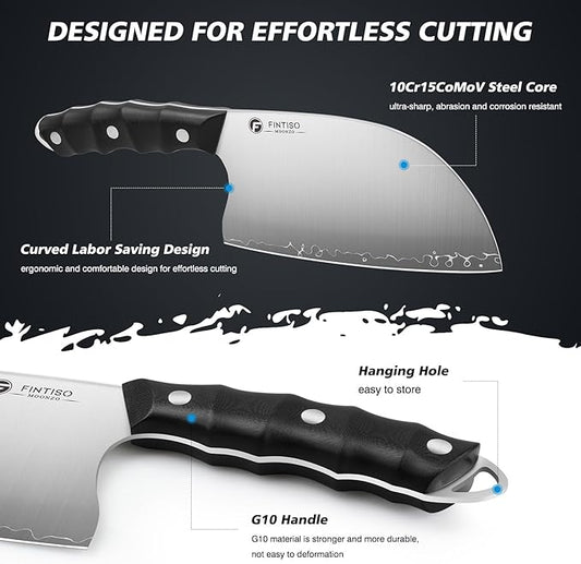FINTISO Serbian Chef Knife, 6.5 Inch Hand Forged Meat Cleaver Knife with 5-Layer High Carbon Stainless Steel, Full Tang Outdoor-Proof G10 Handle, Ideal for Kitchen, Camping & BBQ Cooking