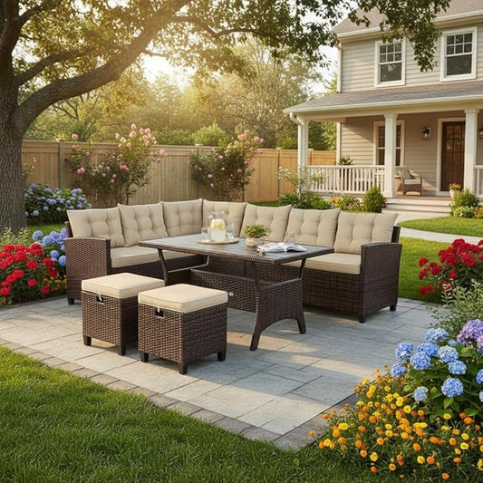 Tangkula 5 PCS Patio Furniture Set, Outdoor Conversation Set with 6 Cushioned Seat 2 Ottomans & Coffee Table, All Weather Wicker Dining Table Set with Ottoman, Rattan Sectional Couch Sofa Set