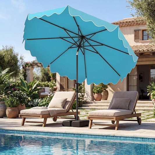 Tangkula 9 FT Patio Umbrella with Base Included, 2-Tiers Outdoor Scalloped Table Umbrella with 2 Sandbags, Tilt Adjustment, Crank, 8 Ribs for Market Backyard Pool Deck Beach Lawn