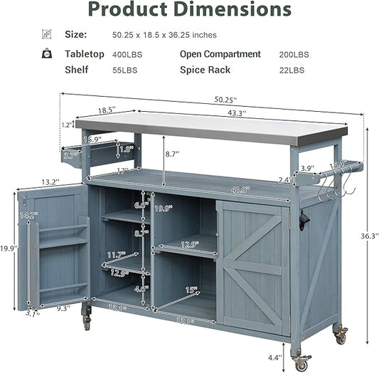Merax 50" Outdoor Kitchen Grill Cart Island on Wheels with Stainless Steel Top,Farmhouse Style Solid Wood Frame Storage Cabinet