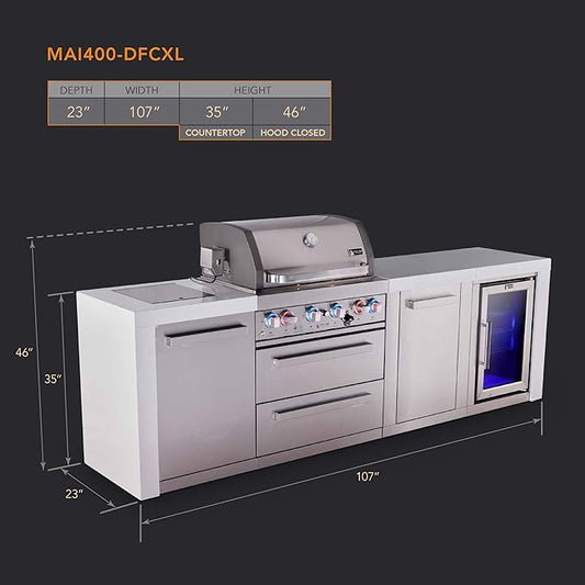 Mont Alpi Premium 107"W Deluxe Stainless Steel Modular Outdoor Kitchen Island with Refrigerator + Side Burner + 32"W 4-Burner BBQ Gas Grill + White Granite Countertops + Storage Cabinets and Drawers