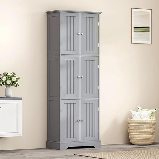 ChooChoo 63.2" Tall Bathroom Storage Cabinet with 6 Doors | Freestanding Floor Cabinet, Adjustable Shelves, Pantry Cabinet for Bathroom, Kitchen, Laundry Room, Grey