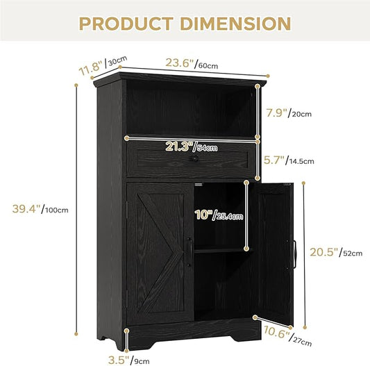 Floor Cabinet, Farmhouse Storage Cabinet with Barn Doors and Drawer, Freestanding Adjustable Shelf Organizer for Bathroom, Kitchen, Living Room Black