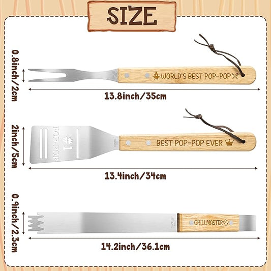 Haooryx Grandpa BBQ Grill Tool Accessory Set - 3Pcs Best Pop-Pop Ever Stainless Steel Grilling Tong Fork Spatula Grillmaster Grandpa Birthday Present Outdoor Housewarming Camping Holiday Party Supply