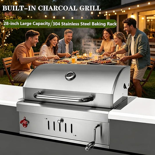 Built In Charcoal Grills Outdoor Kitchens,28-Inch Stainless Steel Charcoal bbq Grill Built In with Liftable Charcoal Tray,Insulated Hood, Temperature Gauge and Rain Fabric cover (Round Lid)
