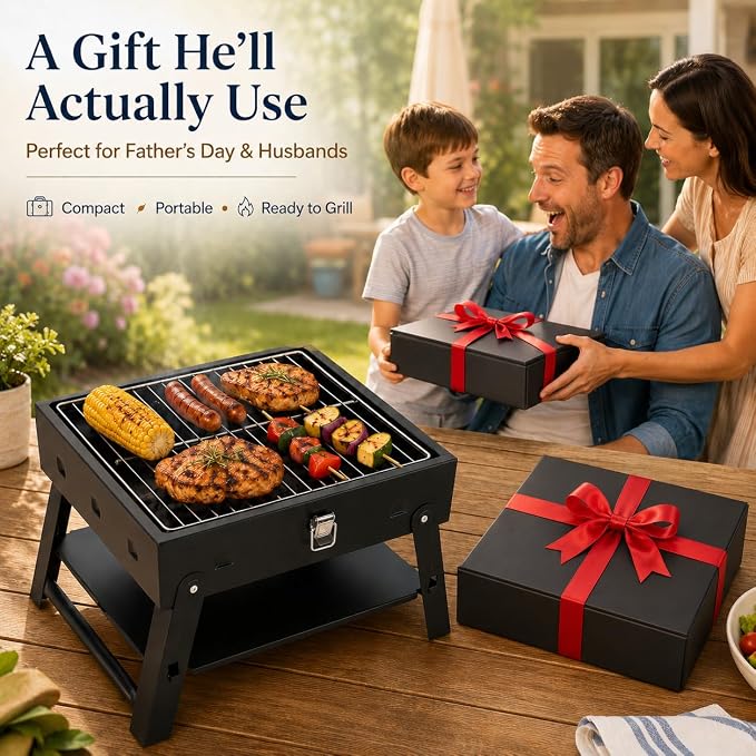 Small Portable BBQ Charcoal Grill: Mini Foldable Table Top Barbecue Grills for Outdoor Cooking, Camping, Beach, Travel, Tailgates, Fathers Day Birthday Grilling Gift for Men Dad Husband
