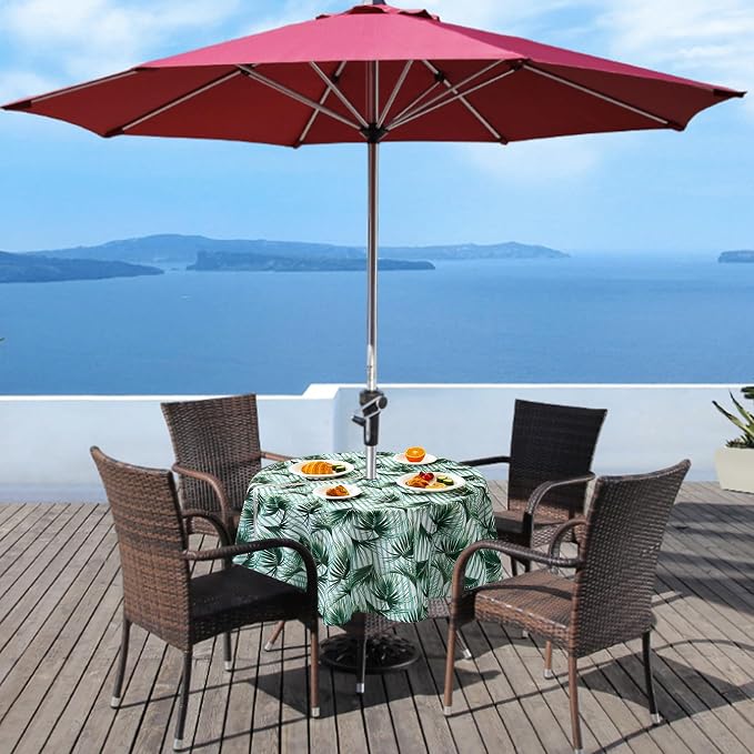 UMINEUX 60" Outdoor Round Tablecloth with Umbrella Hole and Zipper | Spring/Summer Waterproof Round Patio Table Cover for Picnic/BBQ/Garden, Bamboo Leaf