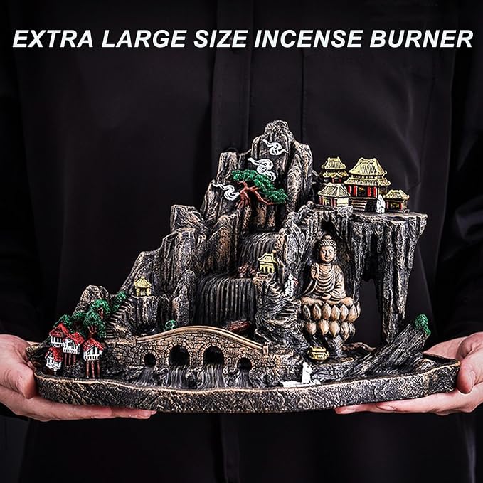 Mountain Waterfall Incense Burner,Backfall Incense Holder River, Incense Falls Meditation Decor for Room with Upgrade Incense Cones and Accessories (Buddha)