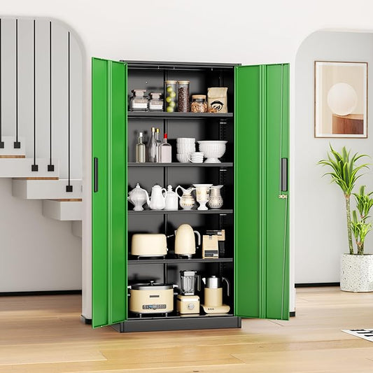 INTERGREAT Metal Lockable Storage Cabinet, 72โ Storage Cabinet with 2 Doors and 4 Adjustable Shelves for Office, Home, Garage, Pantry (Assembly Required, Black Green)