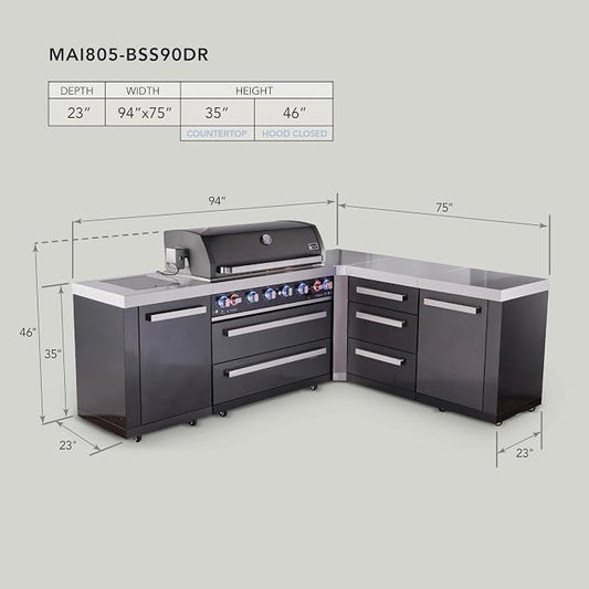 Mont Alpi 94"W x 75"D L-shaped Black Stainless Steel Modular Outdoor Kitchen Island with Infrared Side & Rear Burners + 44"W 6-Burner BBQ Gas Grill + Granite Countertops + Storage Cabinets & Drawers