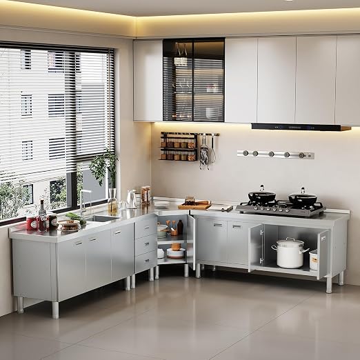 ZZV Corner Stainless Steel Table with Cabinet for Prep & Work Heavy Duty Work Table Commercial Stainless Steel Kitchen Cabinet for Restaurant Hotel Cafe Workshop Garage