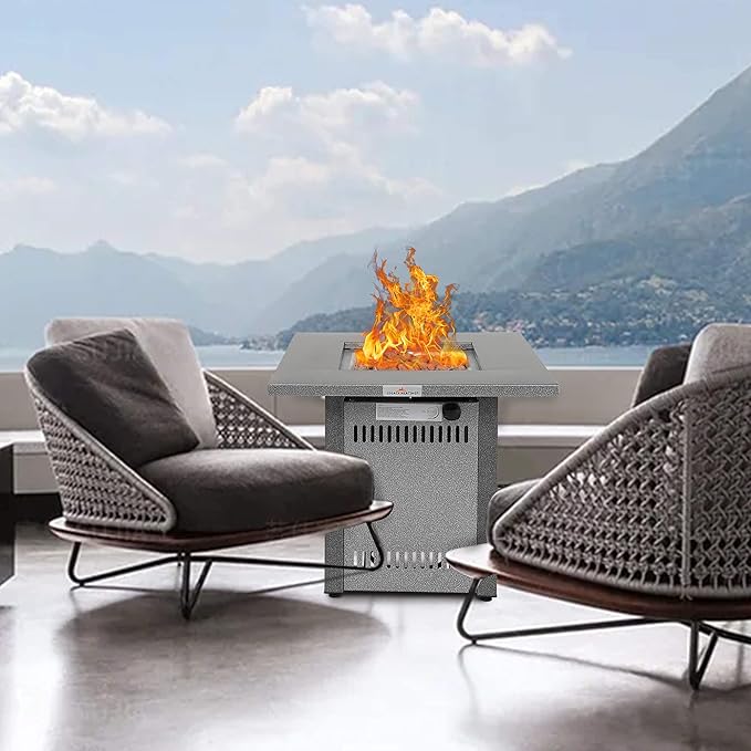 LEGACY HEATING Gas Fire Pit Table 28 inch Outdoor Propane Fire Pit Table, 50000 BTU 28" Square Fire Table with Lid & Lava Rock, Silver Grey Texture, for Outside Patio Yard Party Balcony and Lawn