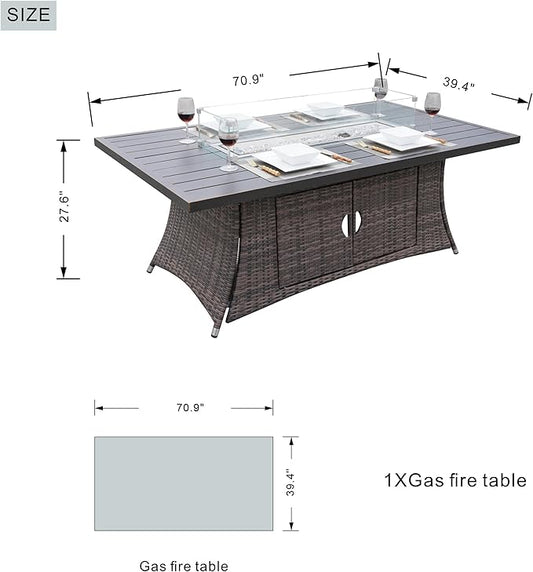 Brown Rattan and Aluminium Patio and Outdoor Rectangle Firepit Dining Table