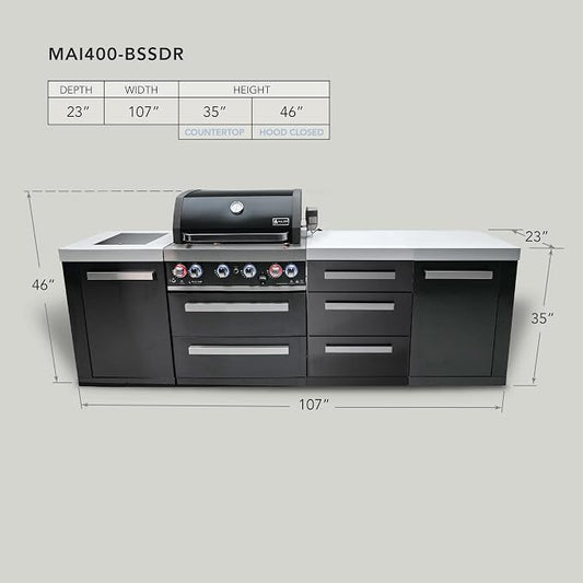 Mont Alpi 107"W x 23"D x 46"H Black Stainless Steel Modular Outdoor Kitchen Island with Side Burner + 32"W 4-Burner BBQ Grill + White Granite Countertops + Storage Cabinets + Drawers + Cover