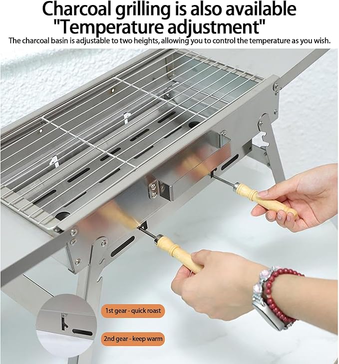 Portable Foldable Charcoal Grill, 304 Stainless Steel, No Assembly Required, Adjustable Charcoal Pan Height, Built-In Seasoning Board, 3-Second Open & Close, for Camping & Picnics