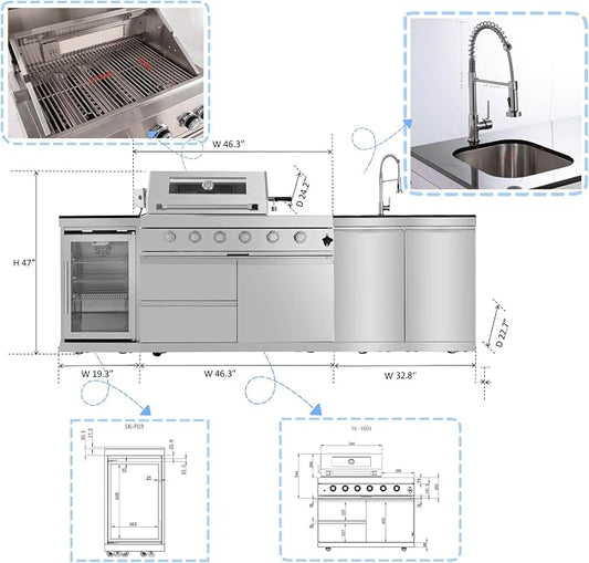 Outdoor Kitchen Island 98.4 Inch, 72000 BTU Gas Grill Combination With Refrigerator and Sink, Outdoor Stainless Steel Barbecue Bar, Natural Gas Barbecue Grill for Patios, Gardens, Parties