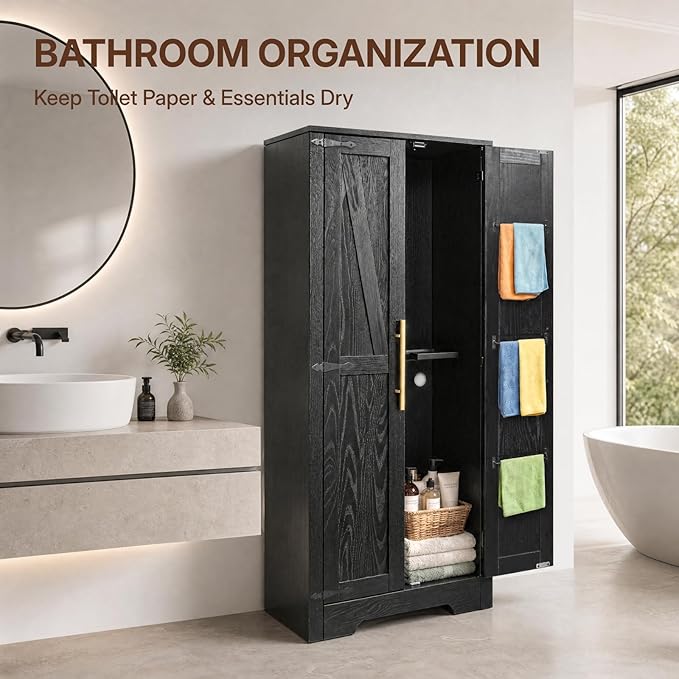 NORTHSKY Wooden Storage Cabinet, 55" Broom Closet & Vacuum Cleaner Holder Compatible with Dyson, Utility Cabinet for Brooms&Mops,Cleaning Cabinet w/Doors for Garage,Laundry,Mudroom,Home Office,Black