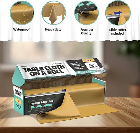 Tablecloth Roll – 54" X 110' Gold Premium Plastic Table Cloths with Cutter Box - Cut to Size - Decorative Rectangle Table Cover Smooth Tablecloth - Disposable Table Cloths for Parties, Weddings.