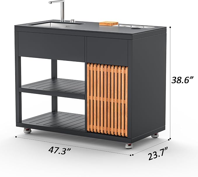 AEVA Series Outdoor Kitchen Sink & Prep Unit, Gray Powder-Coated Cabinet with Slate Countertop, Pull-Out Faucet, Dual Trash Bins & Teak Accessories, Modular Mobile Design