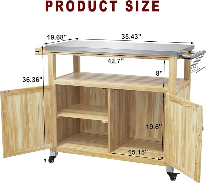 GDLF Outdoor Storage Cabinet Wood Outdoor Kitchen Prep Grill Table with Stainless Steel Top Waterproof Cover (Natural Wood Color)