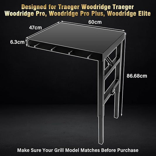 Uniflasy Folding Grill Side Shelf for Traeger Woodridge Pro/Elite/Plus Foldable Shelf for Traeger Inwood/Inwood XL Pellet Grill Accessories Large BBQ PrepTable with Hooks Outdoor Cooking Workspace