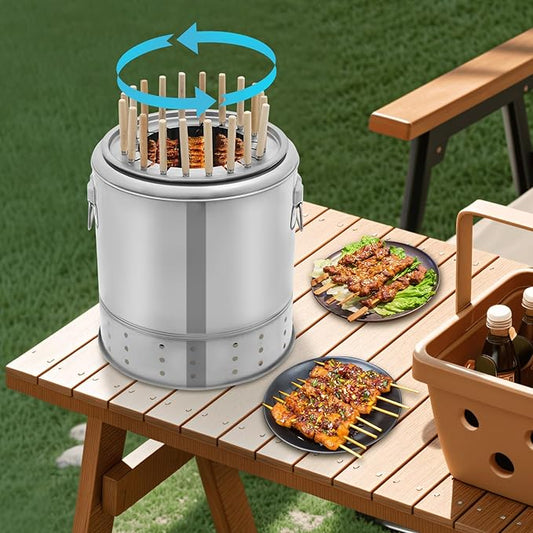 Charcoal Barrel BBQ Grill, Stainless Steel BBQ Grill Mesh Barrel with 20 Skewers, BBQ Hanging Stove Camping Barbecue Rack for Vegetables and Meat Carbon Barbecue