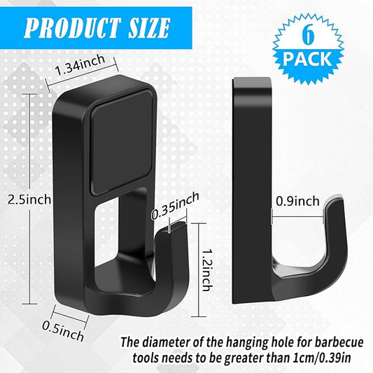 ANGAR 6 Pack Magnetic Grill Hooks, Magnetic Hooks for Grill Tools, Heavy Duty Grill Tool Utensil Holder Hanging Barbecue Tool, Grills Magnetic Hooks, for Refrigerator, Grill, Kitchen, Black