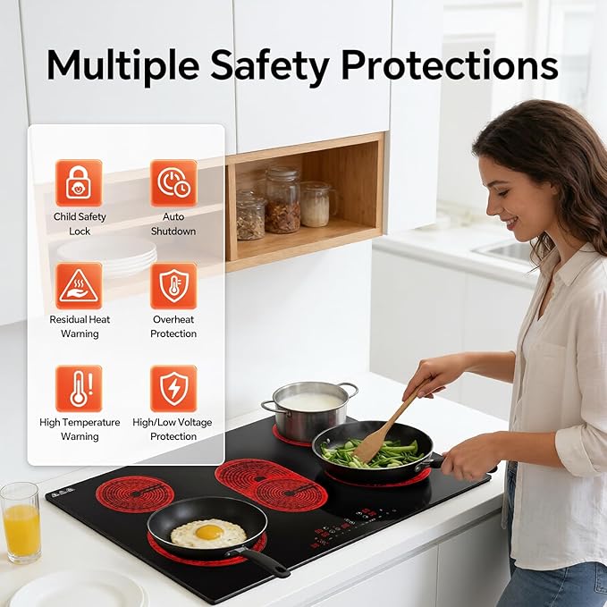 Ranein 30 Inch 5 Burner Electric Cooktop, Max 8800W 240V Ceramic Panel Built-in Electric Stove Top, with Child Safety Lock, Timer, Over-Temperature Protection