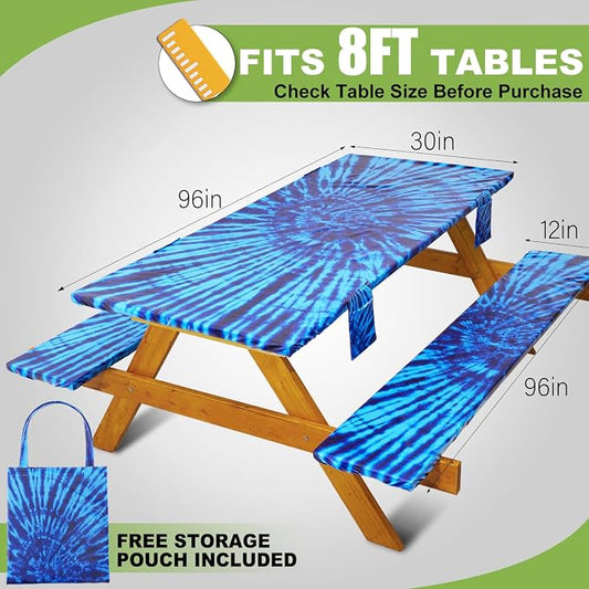 Fitted Picnic Table Cover with Bench Covers Waterproof Elastic Edges Rectangle Patio Tablecloth Outdoor Camping Essentials Stuff Rv Accessories Summer Trip Travel Supplies Party Camper Gifts, 8 ft