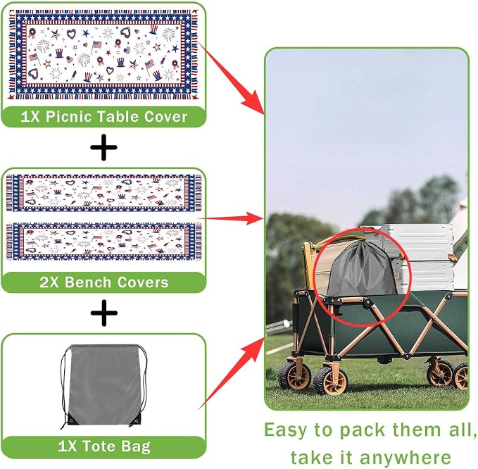 JAWO 4th of July Picnic Table Cover with Bench Covers Set of 3, Patriotic Red White Blue Star Heart American Flag Waterproof Foldable Fitted Picnic Tablecloth for Outdoor Patio BBQ Party, 30X60in