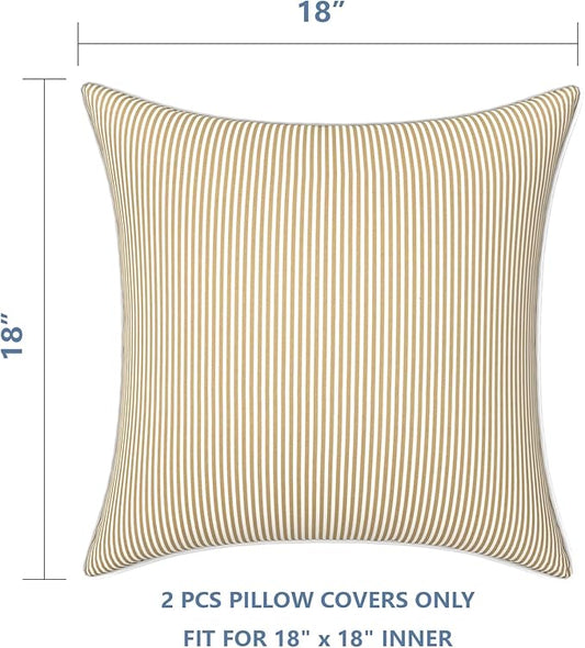 LVTXIII Outdoor/Indoor Pillow Covers, Patio Fade Resistant Throw Pillow Covers ONLY, Waterproof Farmhouse Accent Cushion Cases for Sofa Patio Couch Decoration 18"x18" Set of 2, Strip Beige
