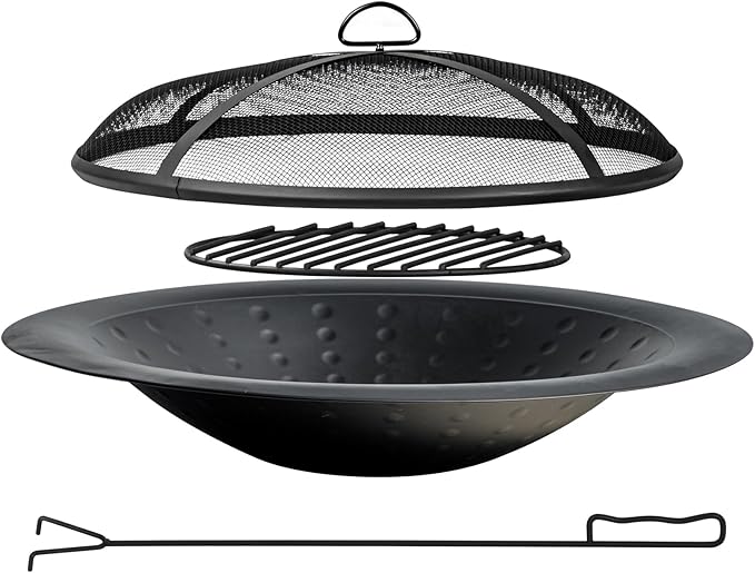 OutVue 35 inch Steel Fire Bowl for DIY or Replacement Existing Fire Pits, Wood Burning Fire Pit Bowl with Spark Screen &Fire Poker, Fireplace for Backyard, Porch, Deck, Camping, BBQ (Circle Dot)