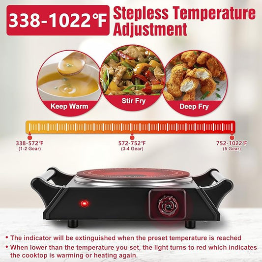 Electric Countertop Single Burner, 1000W Cooktop with Crystal Glass Hot Plate, 5-Level Stepless Temperature Control, Stay Cool Handles, Easy to Clean, Compatible Cooking Stove for Office Home RV
