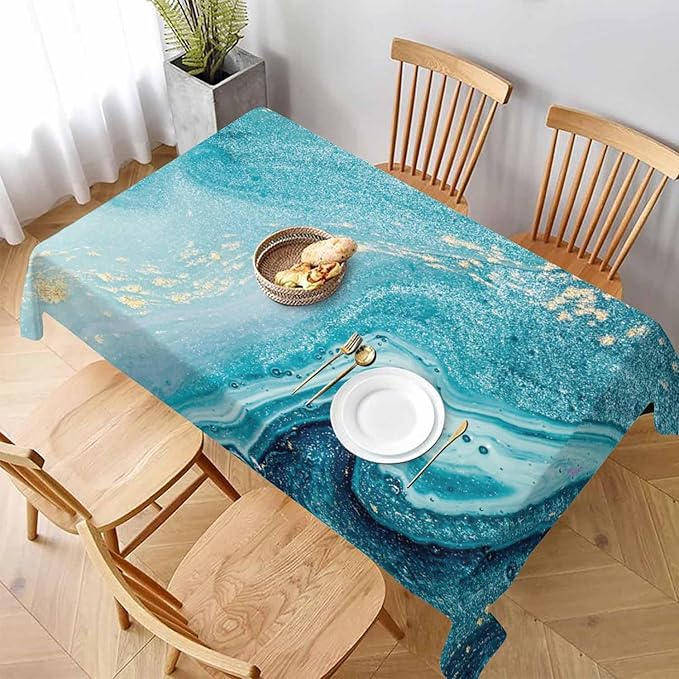 TKS MITLAN Blue Paint Gold Powder Tablecloth 60x84 Inch Rectangular Incorporates Marble Swirls Agate Ripples Bright Ink Water Oblong Table Cloth Kitchen Table Decorations for Home Dinner Party